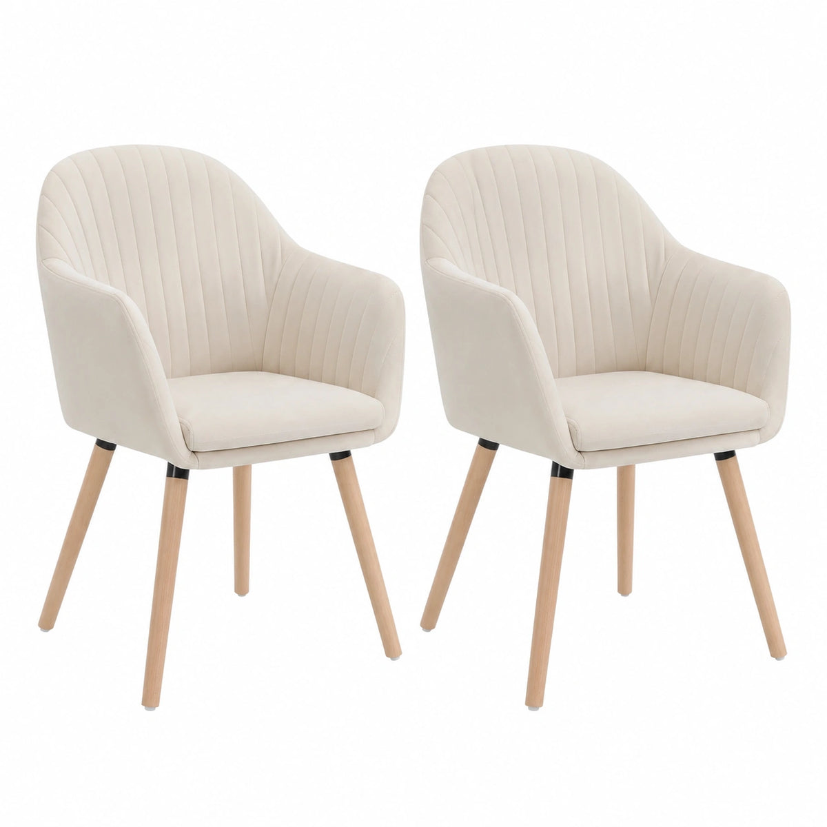 Set 2 Sedie da Pranzo in Velluto Crema con Braccioli e Gambe in Legno