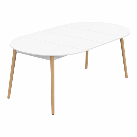 Tavolo rotondo allungabile Angela per 4-10 persone, bianco con gambe in legno, 110-200 cm