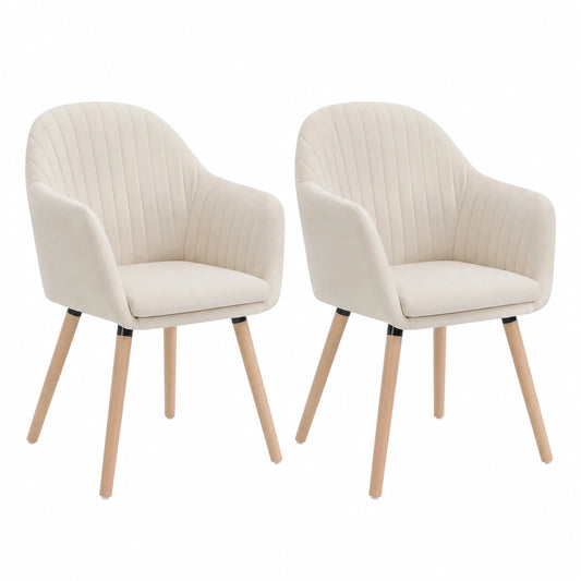 Set 2 Sedie da Pranzo in Velluto Crema con Braccioli e Gambe in Legno