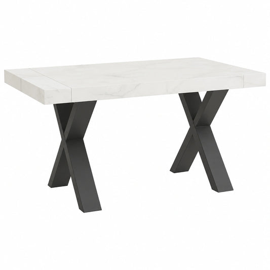 Tavolo da Pranzo Allungabile Oliver in Effetto Marmo Bianco con Gambe a X Antracite - Design Moderno ed Elegante per Soggiorno