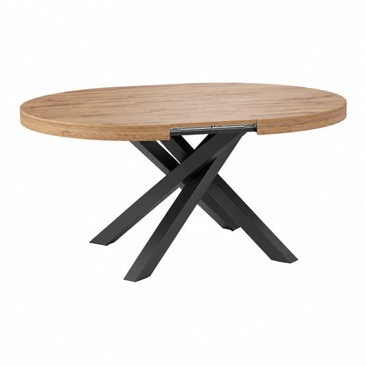 Tavolo Rotondo Allungabile Emma 120-160 cm, Rovere Rustico e Gambe Nere, per 4-6 Persone, Mobili Cucina e Soggiorno, Made in Italy