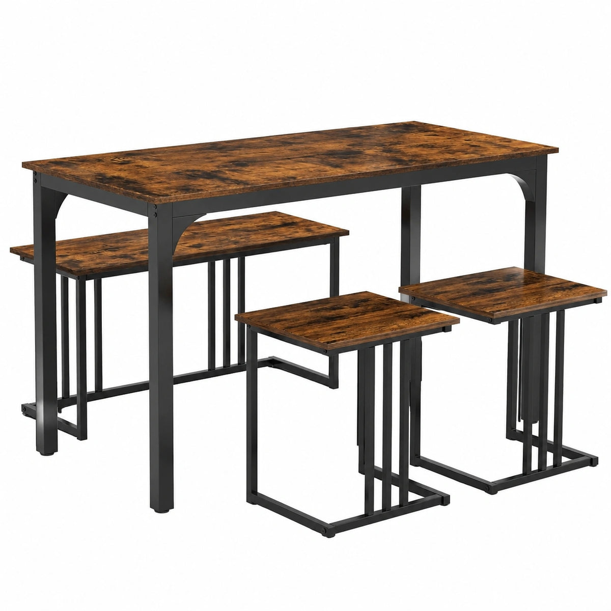 Set Pranzo Industriale 4 Pezzi con Tavolo, 2 Sgabelli e Panca 120x60x75 cm per Cucina e Ristorante, Marrone